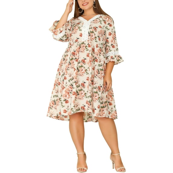 Agnes Orinda Women's Plus Size V Neck 3/4 Sleeves Lace Floral Loose Fit Babydoll Dresses