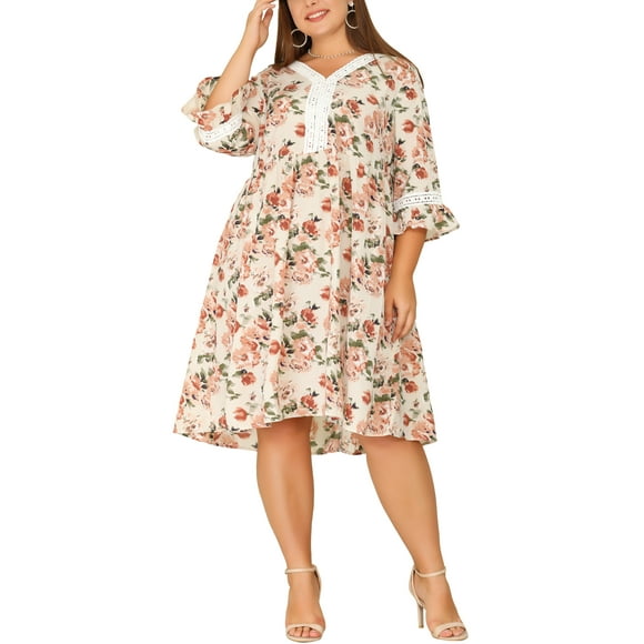 Agnes Orinda Women's Plus Size V Neck 3/4 Sleeves Lace Floral Loose Fit Babydoll Dresses