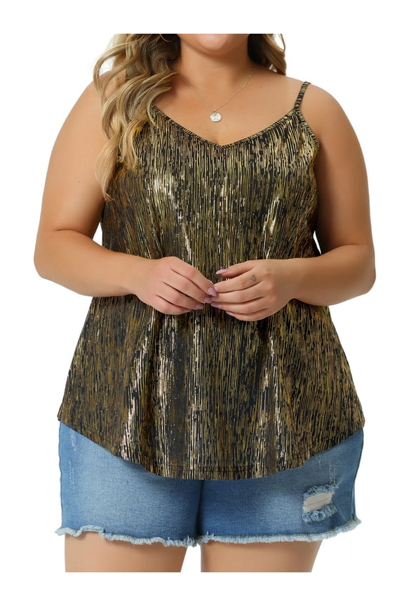 Plus Size Sequin Tank Tops for Women V Neck Bronzing Glitter Cami Sleeveless Camisole Vest 3X Black Gold