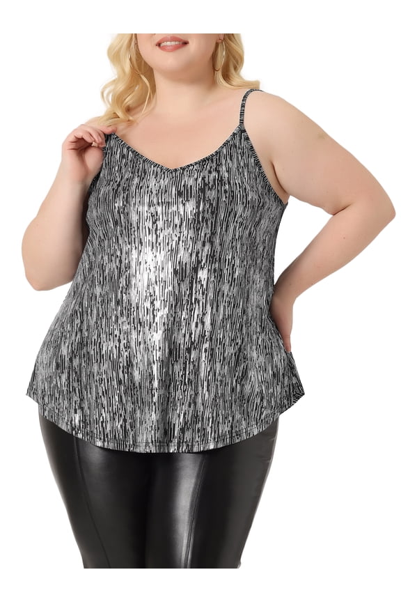 Plus Size Sequin Tank Tops for Women V Neck Bronzing Glitter Cami Sleeveless Camisole Vest 4X Black Silver