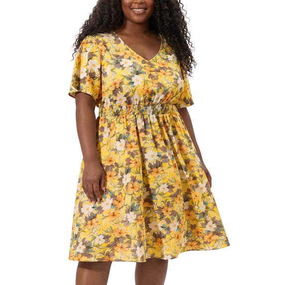 MODA NOVA Juniors' Plus V Neck Floral Print Flare Sleeve Casual Midi Dress
