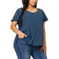 thumbnail image 1 of Agnes Orinda Women's Plus Size V Neck Full Placket Lace Panel Flare Short Sleeve Summer Blouses 1X Royal Blue, 1 of 8