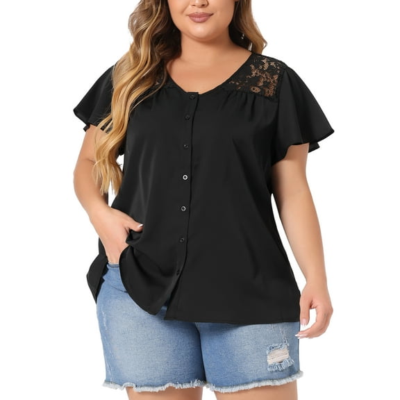 Agnes Orinda Women's Plus Size V Neck Full Placket Lace Panel Flare Short Sleeve Summer Blouses 4X Black
