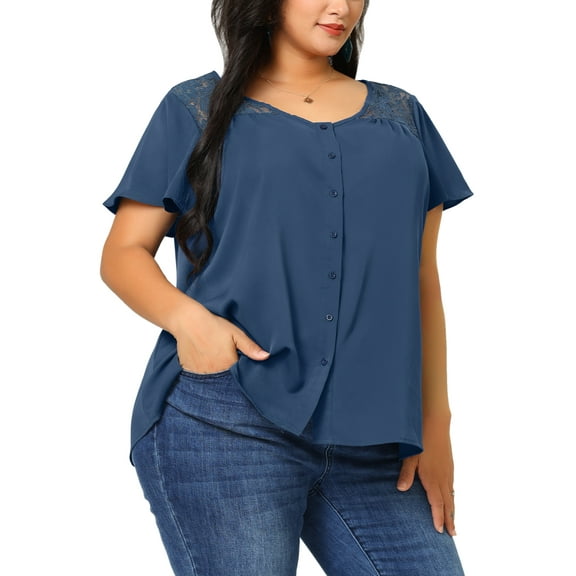 Agnes Orinda Women's Plus Size V Neck Full Placket Lace Panel Flare Short Sleeve Summer Blouses 4X Royal Blue