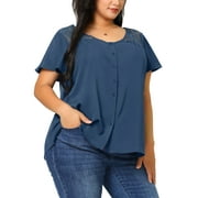 Agnes Orinda Women's Plus Size V Neck Full Placket Lace Panel Flare Short Sleeve Summer Blouses