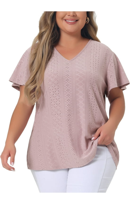 Women's Plus Size Flare Sleeve Blouse V Neck Spring Summer Hollow T-Shirt Tops 2X Pink
