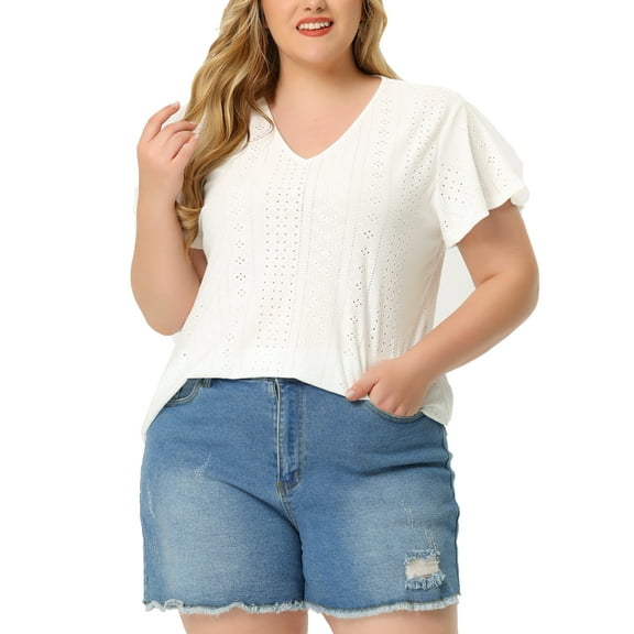 Agnes Orinda Women's Plus Size Flare Sleeve Blouse V Neck Spring Summer Hollow T-Shirt Tops 3X White
