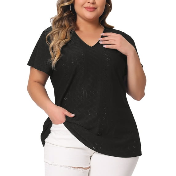 Agnes Orinda Women's Plus Size Flare Sleeve Blouse V Neck Spring Summer Hollow T-Shirt Tops 4X Black