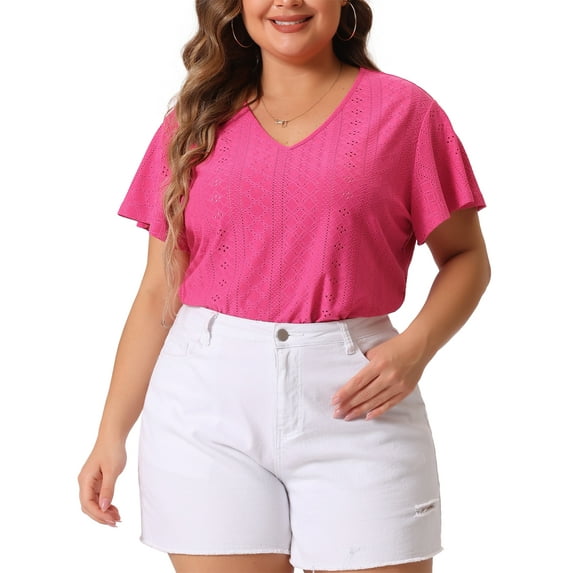 Agnes Orinda Women's Plus Size Flare Sleeve Blouse V Neck Spring Summer Hollow T-Shirt Tops 4X Hot Pink