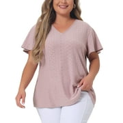 AGNES ORINDA Women's Plus Size Flare Sleeve Blouse V Neck Spring Summer Hollow T-Shirt Tops 4X Pink