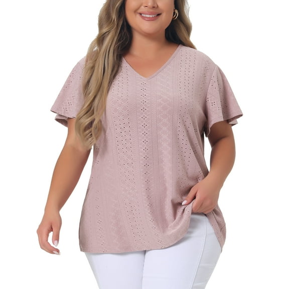 Agnes Orinda Women's Plus Size Flare Sleeve Blouse V Neck Spring Summer Hollow T-Shirt Tops 4X Pink