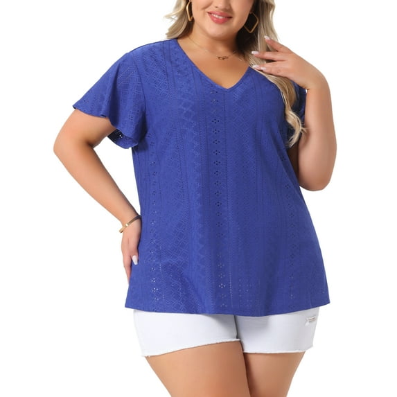 Agnes Orinda Women's Plus Size Flare Sleeve Blouse V Neck Spring Summer Hollow T-Shirt Tops 4X Royal Blue
