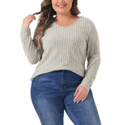 Agnes Orinda Women's Plus Size V Neck Long Sleeve Basic Ribbed Pitted Brushed Casual Tunic Blouse 2X Beige Brown