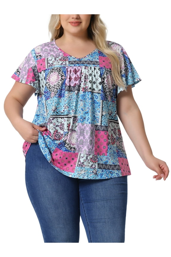 Women's Plus Size Floral Tops Ruffle Pleated V Neck Short Sleeve Summer Casual Blouse 1X Blue Pink Block