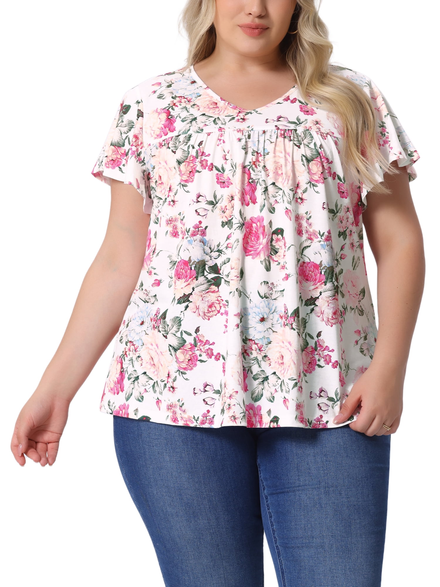 Agnes Orinda Women's Plus Size Floral Tops Ruffle Pleated V Neck Short ...
