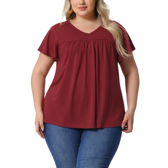 Agnes Orinda Women's Plus Size Floral Tops Ruffle Pleated V Neck Short Sleeve Summer Casual Blouse 4X Burgundy