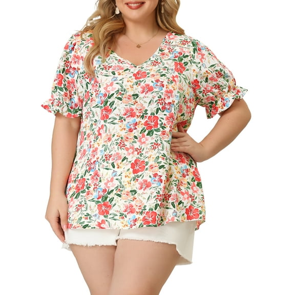 Agnes Orinda Women's Plus Size Floral Tops V Neck Ruffle Short Sleeve Casual Summer Blouses 2X White