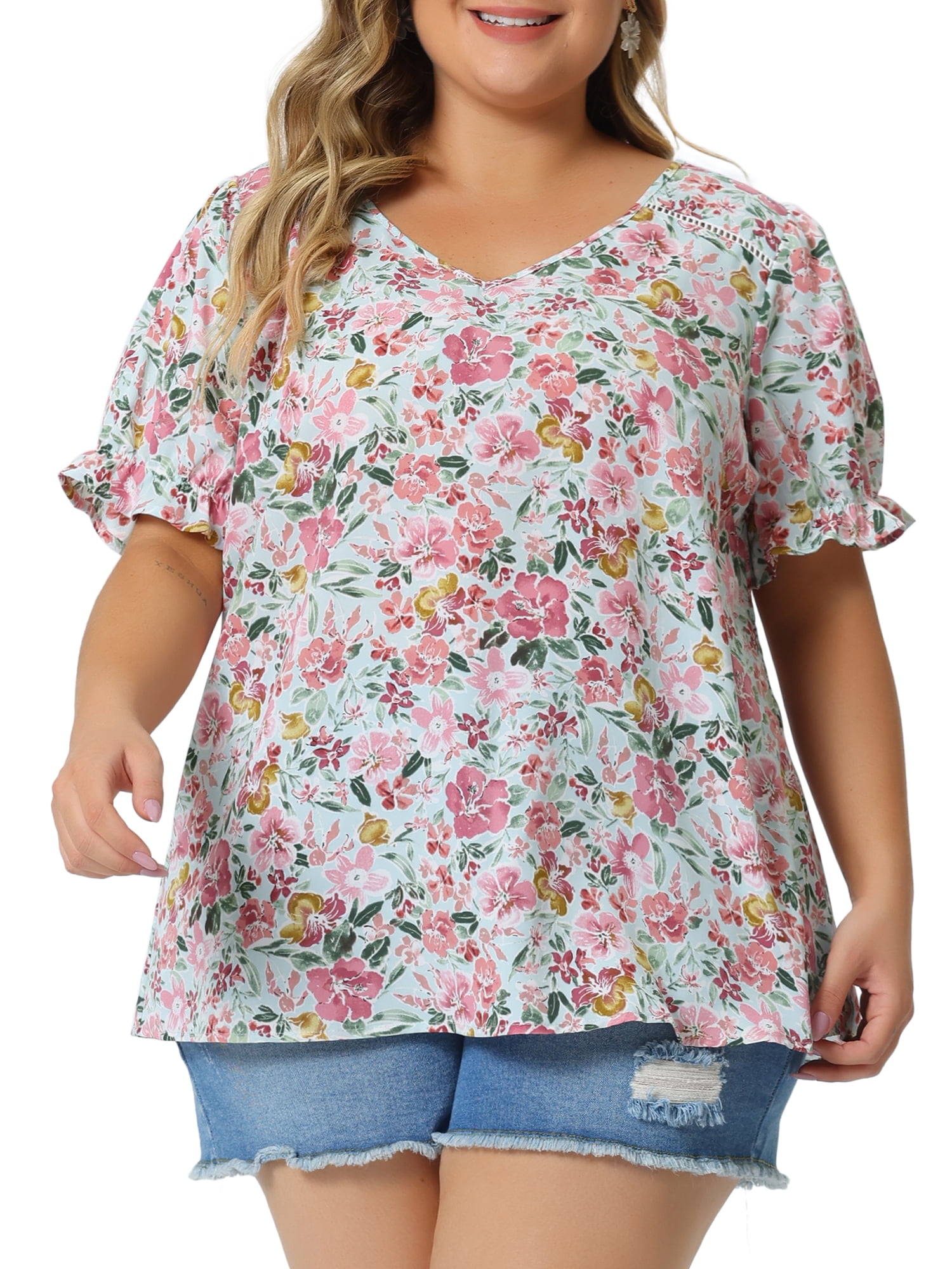 Agnes Orinda Women's Plus Size Floral Tops V Neck Ruffle Short Sleeve ...