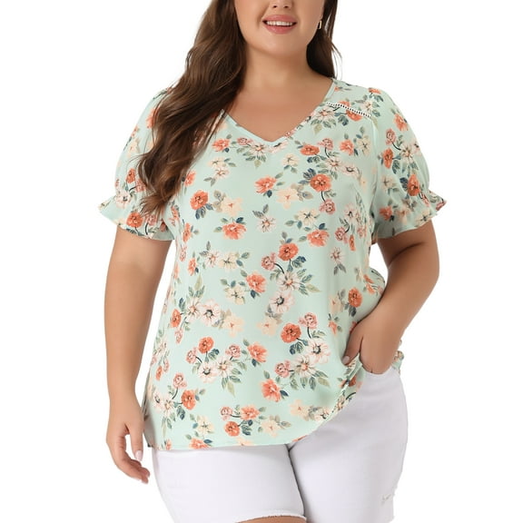 Agnes Orinda Women's Plus Size Floral Tops V Neck Ruffle Short Sleeve Casual Summer Blouses 4X Light Green