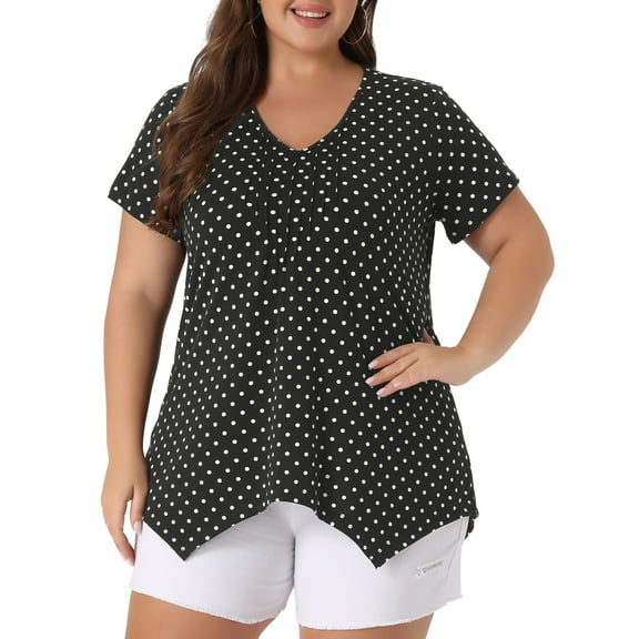 Agnes Orinda Women's Plus Size V Neck Short Sleeve Asymmetric Hem Polka Dots Pintuck Top 3X Black