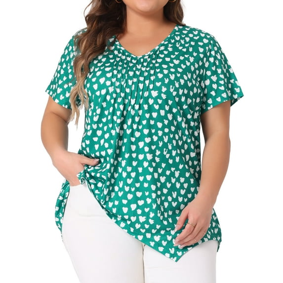 Agnes Orinda Women's Plus Size V Neck Short Sleeve Asymmetric Hem Polka Dots Pintuck Top 3X Dark Green