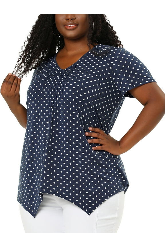 Women's Plus Size V Neck Short Sleeve Asymmetric Hem Polka Dots Pintuck Top 4X Blue