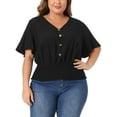 thumbnail image 1 of Agnes Orinda Women's Plus Size V Neck Short Sleeve Button Decor Smocked Shirred Blouses 2X Black, 1 of 6
