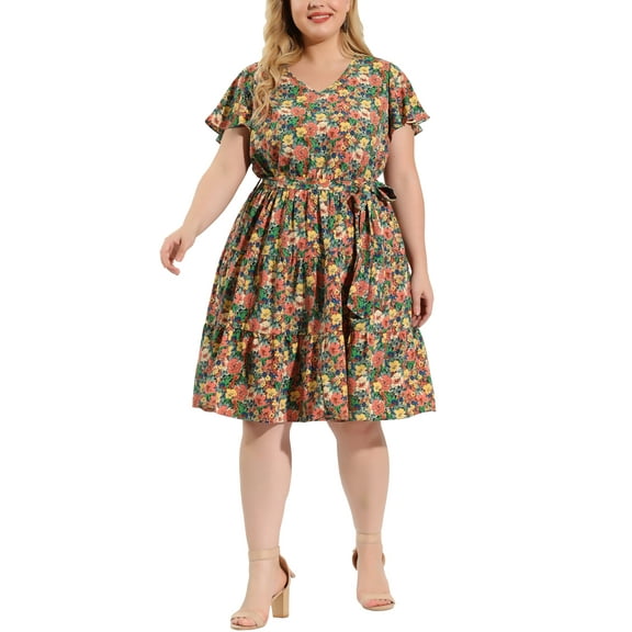 Agnes Orinda Women's Plus Size V Neck Short Sleeve Elastic Waist Ruffle Spring Summer Floral Midi Dress 1X Romantic
