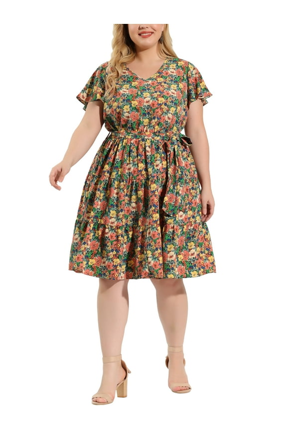 Women's Plus Size V Neck Short Sleeve Elastic Waist Ruffle Spring Summer Floral Midi Dress 1X Romantic