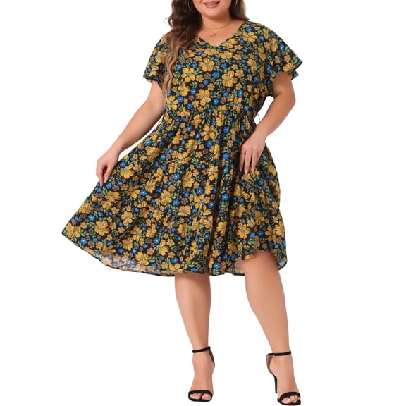 Agnes Orinda Women's Plus Size V Neck Short Sleeve Elastic Waist Ruffle Spring Summer Floral Midi Dress 3X Black
