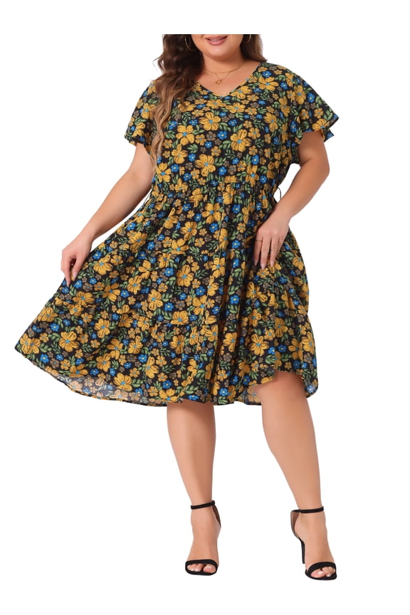 Women's Plus Size V Neck Short Sleeve Elastic Waist Ruffle Spring Summer Floral Midi Dress 3X Black