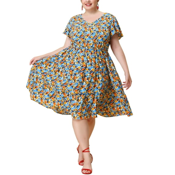Agnes Orinda Women's Plus Size V Neck Short Sleeve Elastic Waist Ruffle Spring Summer Floral Midi Dress 4X Vintage Beige