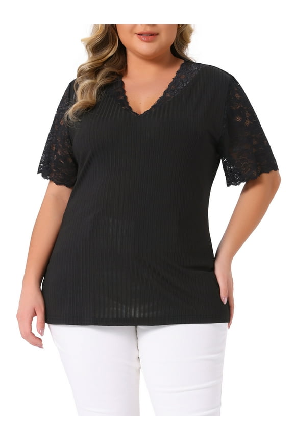 Women's Plus Size V Neck Short Sleeve Elegant Lace Ribbed Knit Summer Tunic Blouse 1X Black