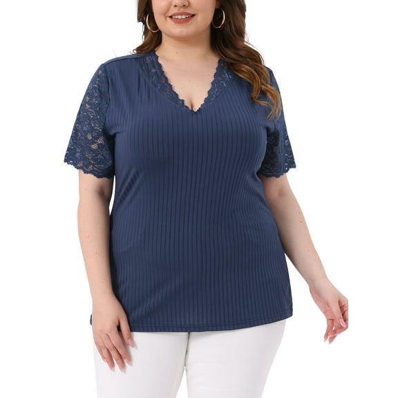 Agnes Orinda Women's Plus Size V Neck Short Sleeve Elegant Lace Ribbed Knit Summer Tunic Blouse 1X Navy Blue