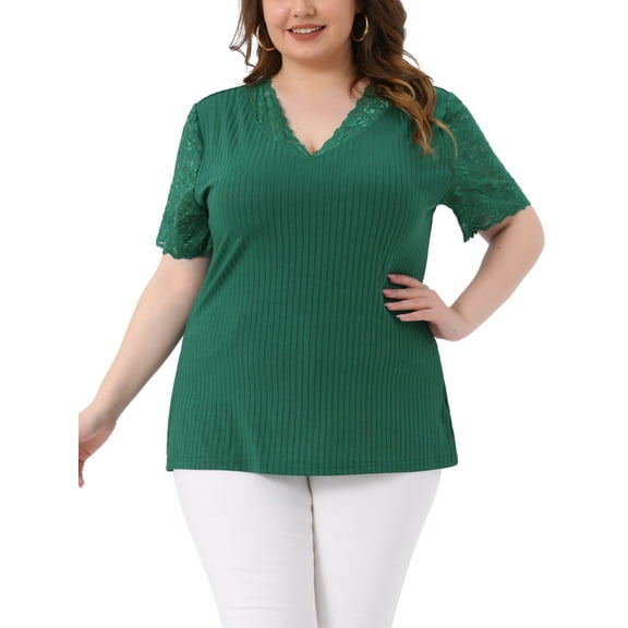 Agnes Orinda Women's Plus Size V Neck Short Sleeve Elegant Lace Ribbed Knit Summer Tunic Blouse 3X Green