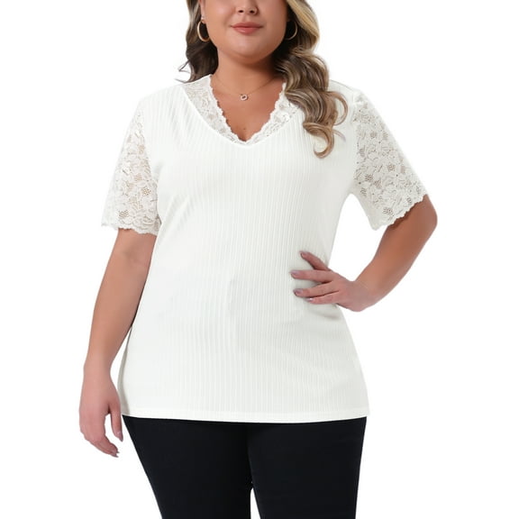 Agnes Orinda Women's Plus Size V Neck Short Sleeve Elegant Lace Ribbed Knit Summer Tunic Blouse 3X White