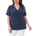 thumbnail image 1 of Agnes Orinda Women's Plus Size V Neck Short Sleeve Elegant Lace Ribbed Knit Summer Tunic Blouse 4X Navy Blue, 1 of 6