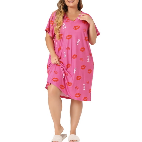 Agnes Orinda Women's Plus Size V Neck Short Sleeve Nightgown Pocket Sleepshirts 1X Hot Pink