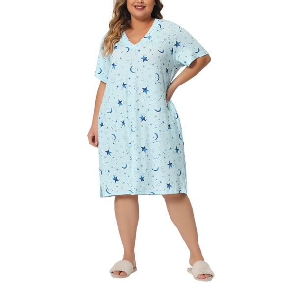 Agnes Orinda Women's Plus Size V Neck Short Sleeve Nightgown Pocket Sleepshirts 2X Blue