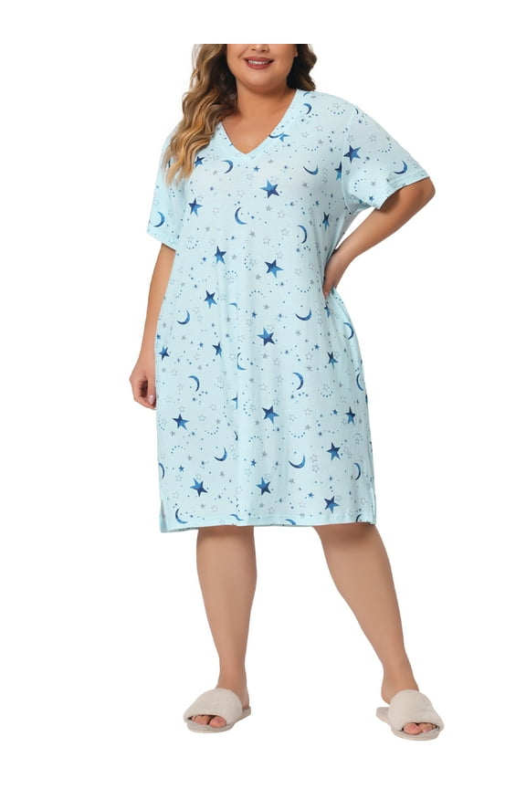 Women's Plus Size V Neck Short Sleeve Nightgown Pocket Sleepshirts 2X Blue