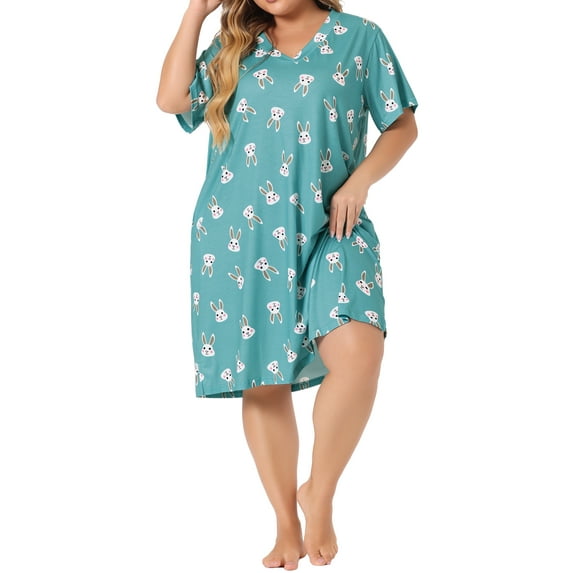 Agnes Orinda Women's Plus Size V Neck Short Sleeve Nightgown Pocket Sleepshirts 4X Blue Green