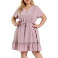 thumbnail image 1 of GRACE & GRANDEUR Women's Plus Size Dress V Neck Short Sleeves Tie Waist Summer Midi Shirt Dresses 1X Gray Purple, 1 of 6
