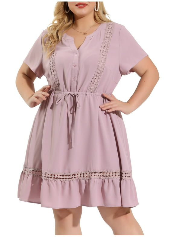 Women's Plus Size Dress V Neck Short Sleeves Tie Waist Summer Midi Shirt Dresses 1X Gray Purple
