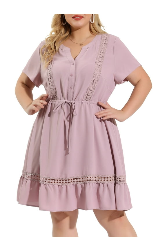 Women's Plus Size St. Patrick's Day Dress V Neck Short Sleeves Tie Waist Summer Midi Shirt Dresses 1X Gray Purple
