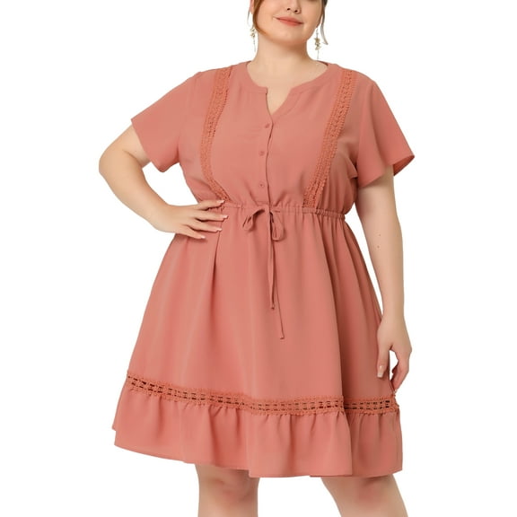 GRACE & GRANDEUR Women's Plus Size Dress V Neck Short Sleeves Tie Waist Summer Midi Shirt Dresses 1X Pink