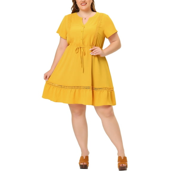GRACE & GRANDEUR Women's Plus Size Dress V Neck Short Sleeves Tie Waist Summer Midi Shirt Dresses 2X Yellow