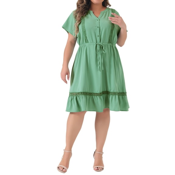 GRACE & GRANDEUR Women's Plus Size Dress V Neck Short Sleeves Tie Waist Summer Midi Shirt Dresses 4X Light Green