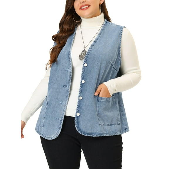 Agnes Orinda Plus Size Jeans Vests for Women Button Down V Neck Waistcoat Sleeveless Denim Vest 2X Grey Blue