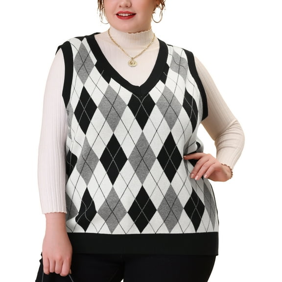 GRACE & GRANDEUR Women's Plus Size V Neck Sleeveless Pullover Knit Sweater Vest 1X Black