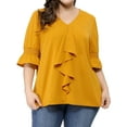 thumbnail image 1 of Agnes Orinda Women's Plus Size Blouse Ruffle Front Smocked Sleeves V Neck Solid Casual Tops 1X Yellow, 1 of 9